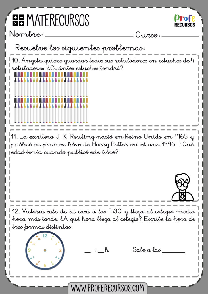 Fichas de problemas para 3 primaria